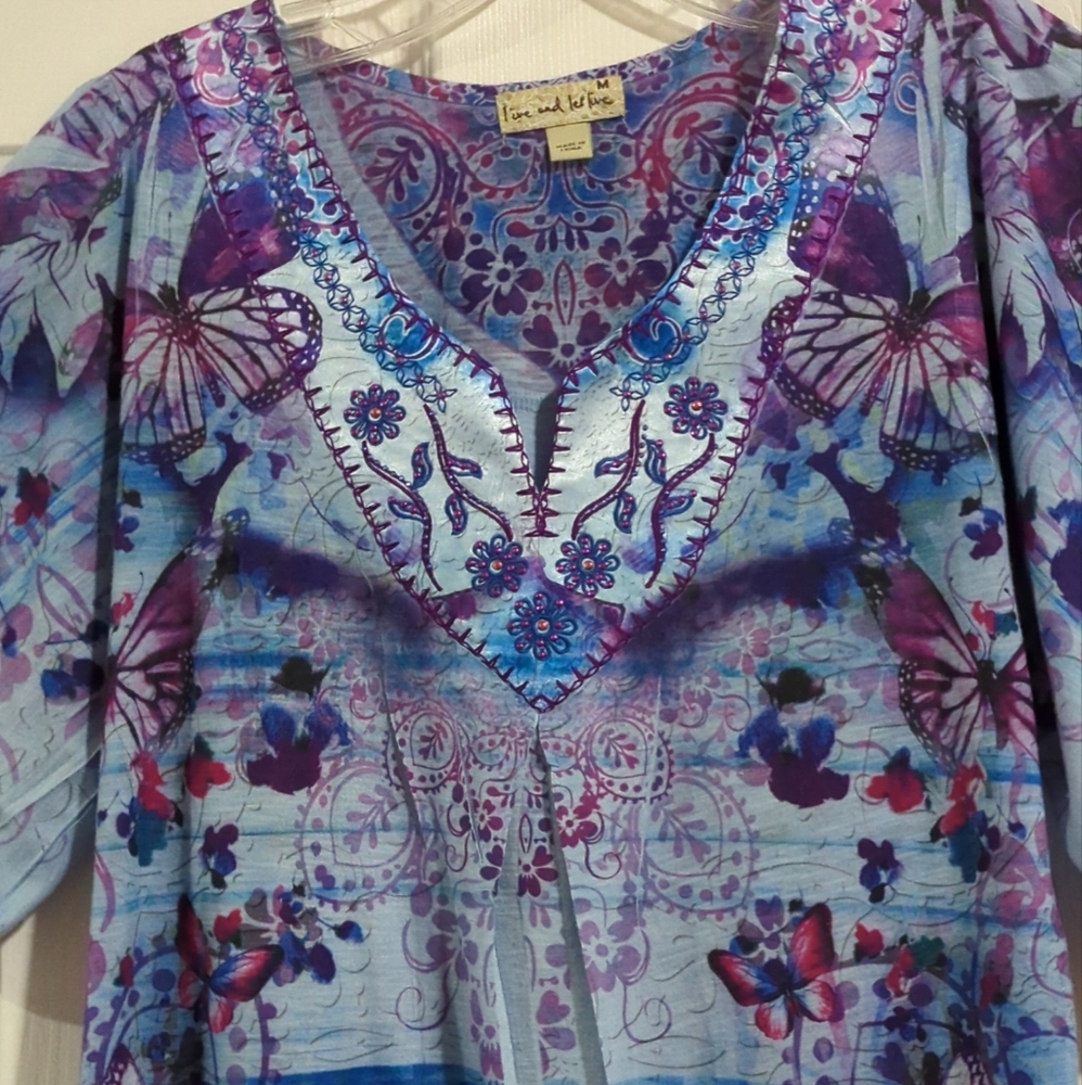 Butterflies Beaded Short Sleeve Live and Let Live Size Med Top - Picture 4 of 13